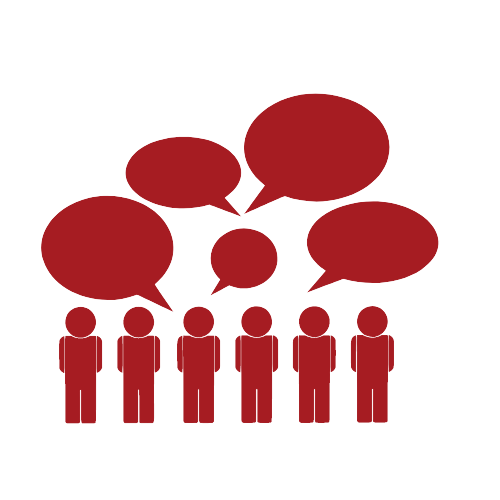 Group of people discussing with speech bubbles above them.