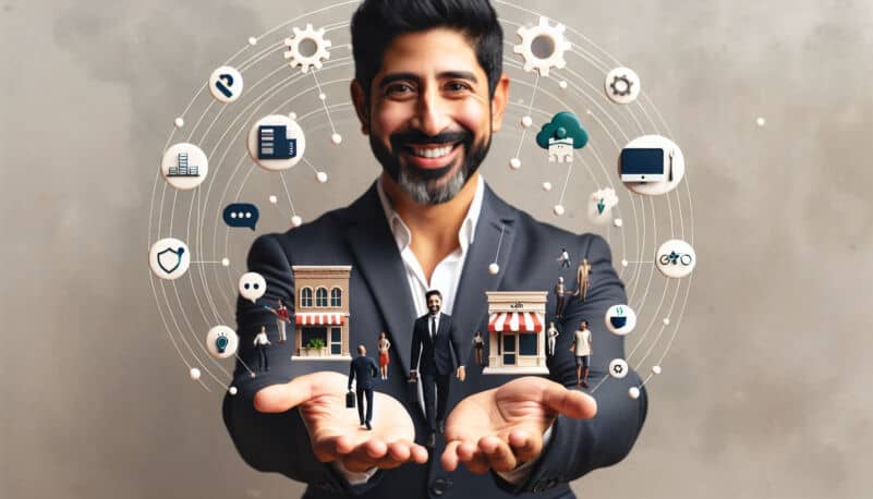 Dominic Monkhouse, business coach in London, with business icons in hands.