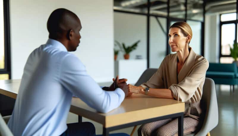 Business consultation between two professionals at Monkhouse & Company office.