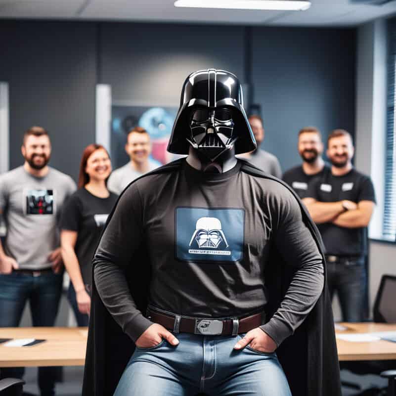 Business coach in a Vader costume with team in London office.