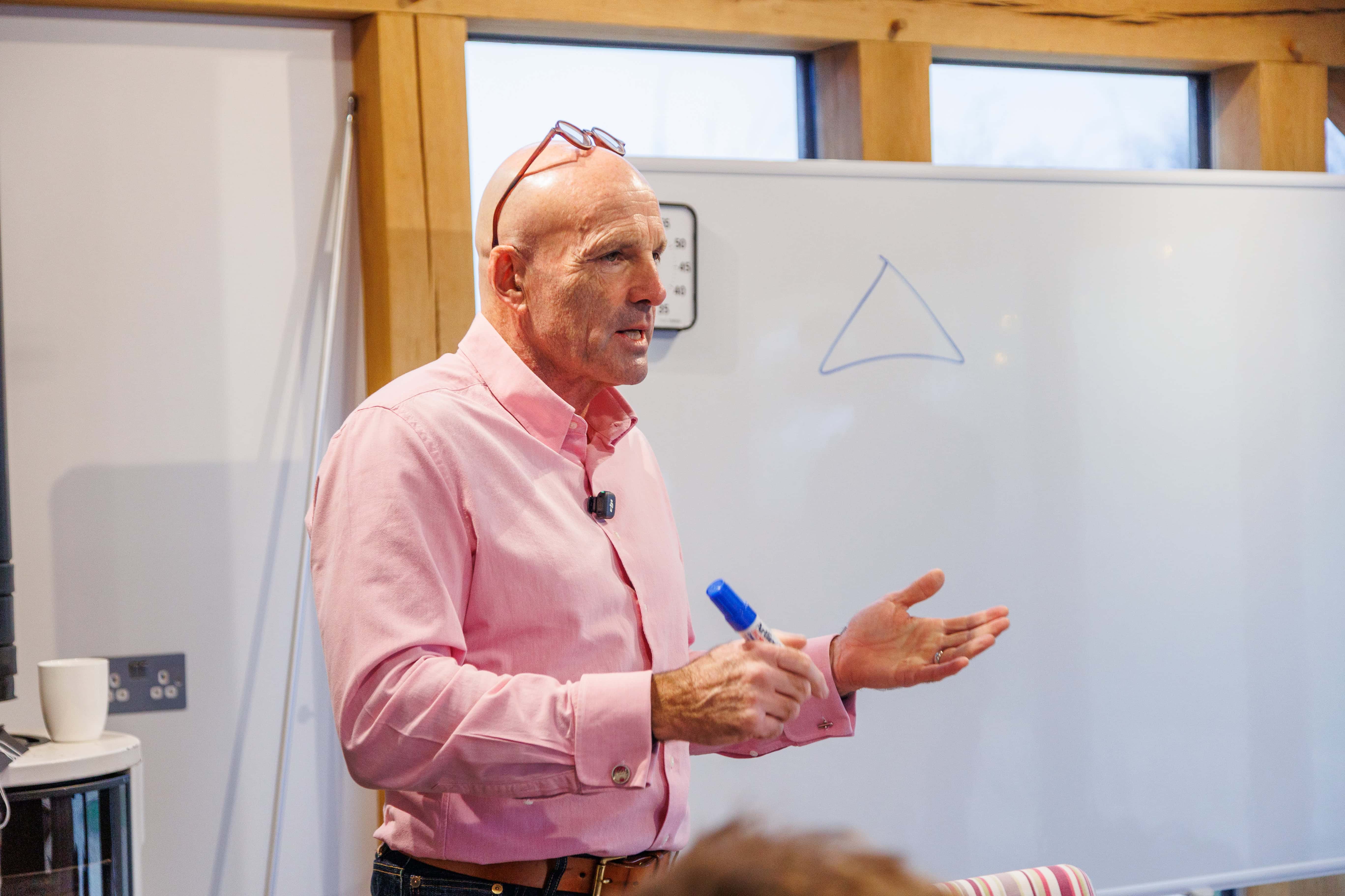 Dominic Monkhouse coaching at a whiteboard during a scale-up workshop