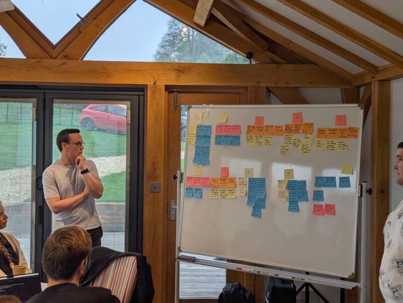 Dominic Monkhouse coaching a group of founder-CEOs at a whiteboard during a strategy workshop