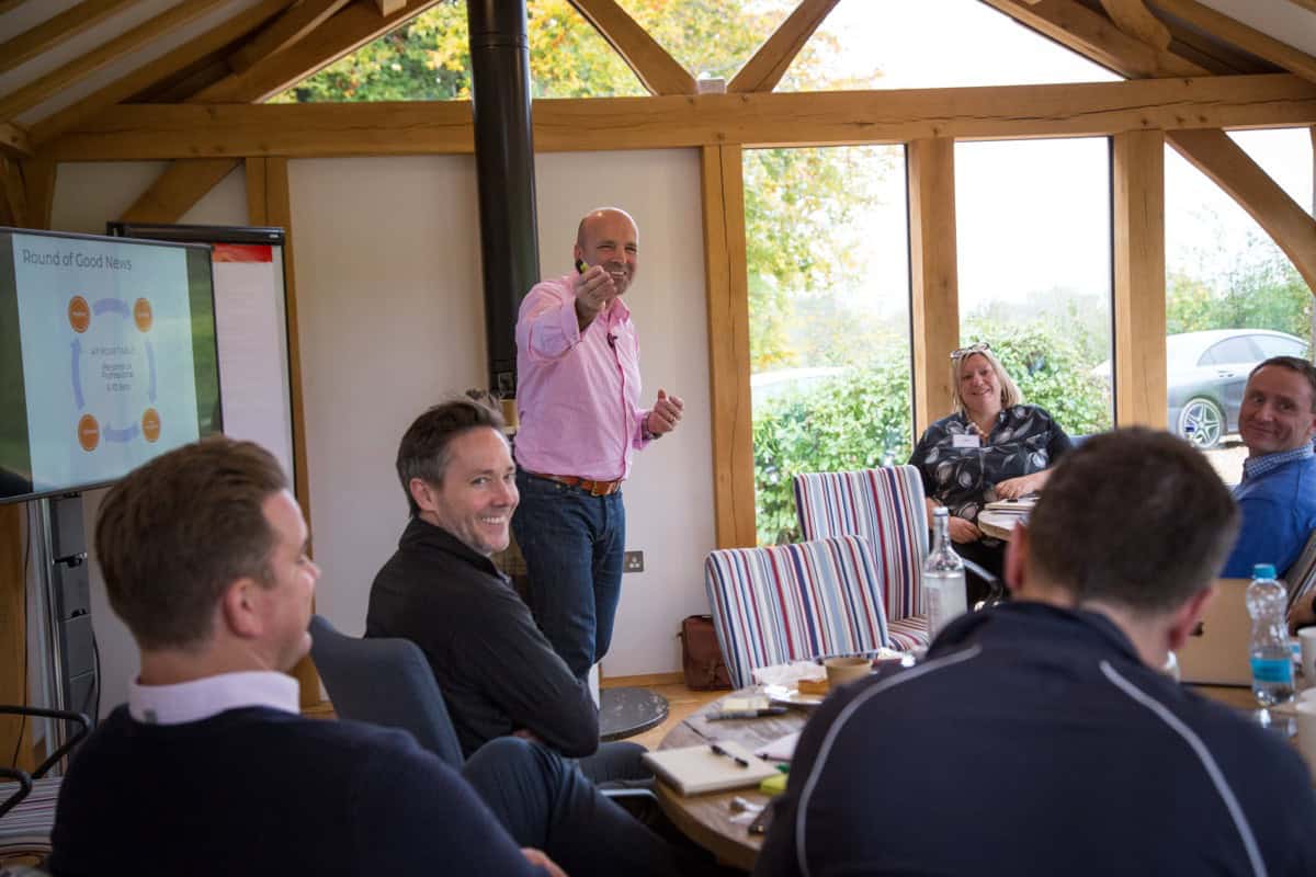 Dominic Monkhouse leading a sales commission workshop with founders.