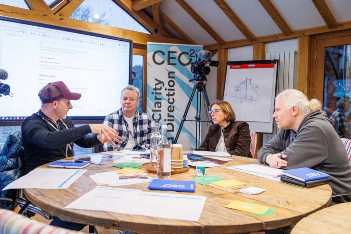 Leadership team conflict discussion around a table during an executive coaching session.
