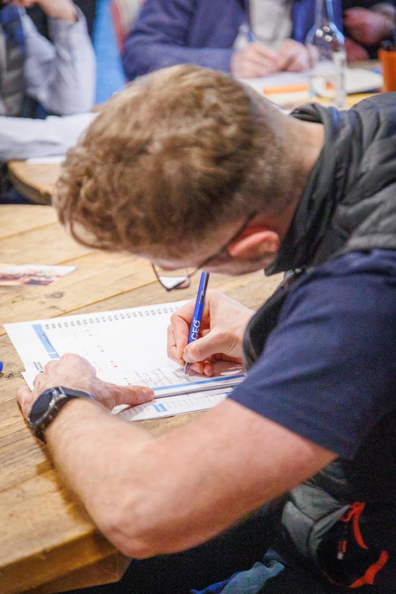 Leader writing feedback notes during a Monkhouse & Company executive-team coaching session