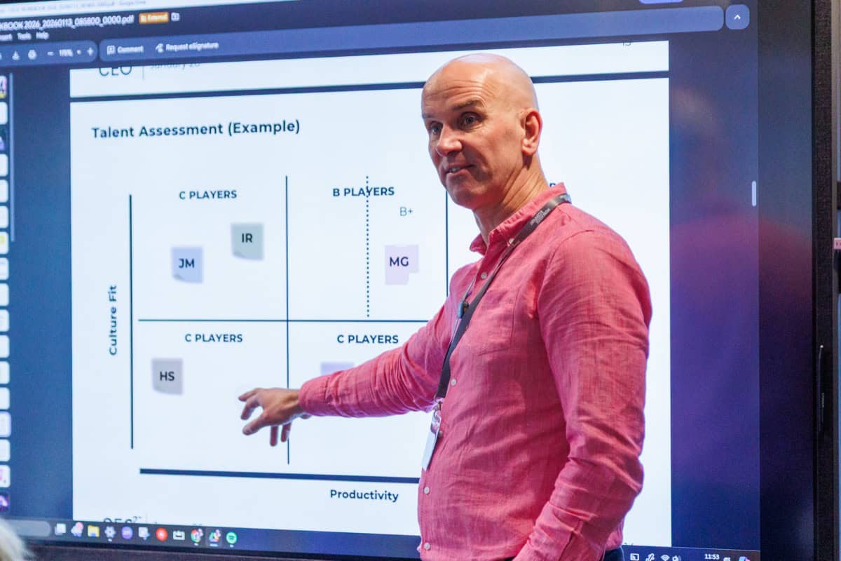 Phil Rose explaining talent assessment during a successful recruitment workshop for founder CEOs.