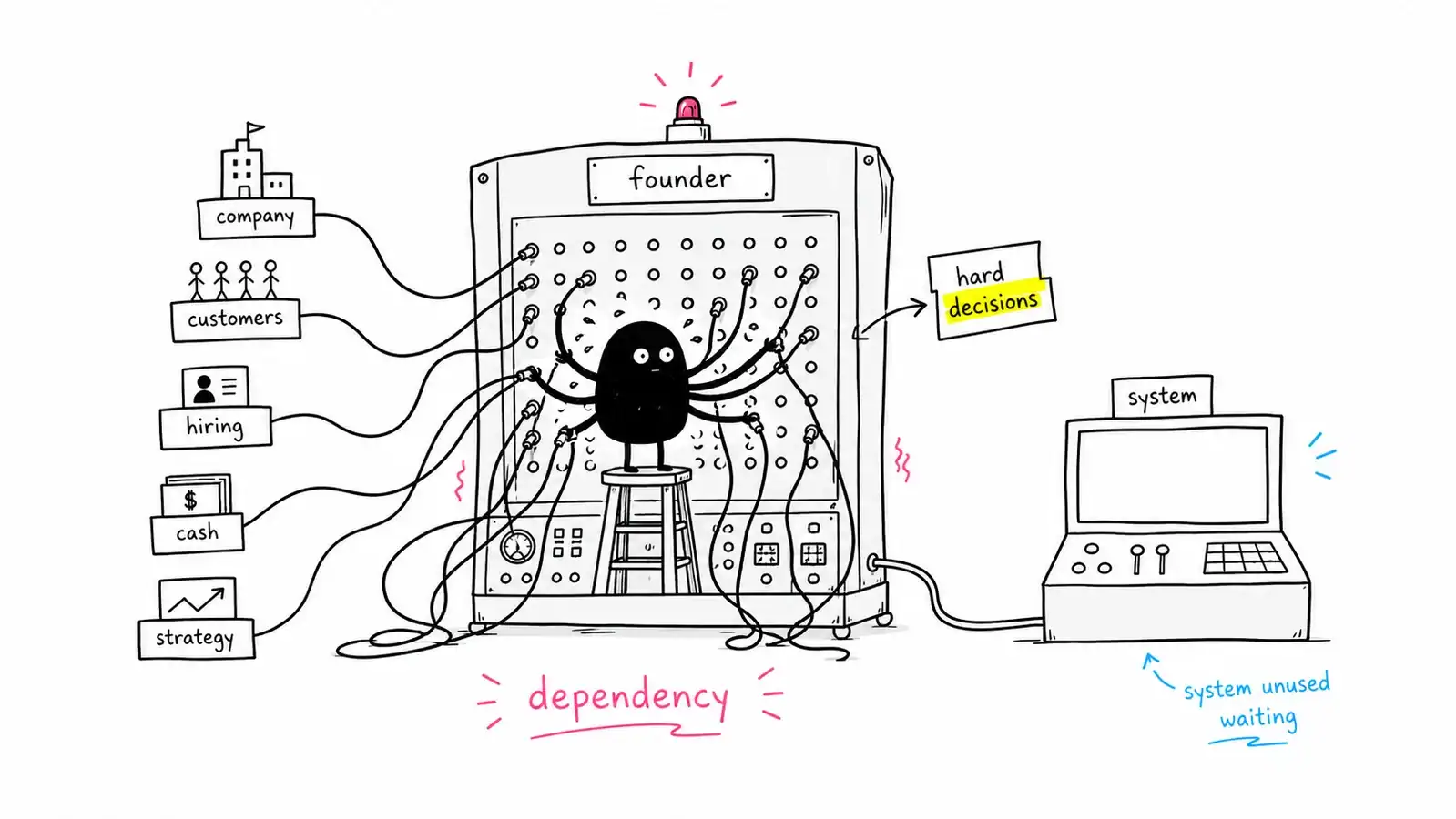Hand-drawn cartoon showing Xiaohei trapped in a founder switchboard connecting every hard decision while a separate system sits unused.