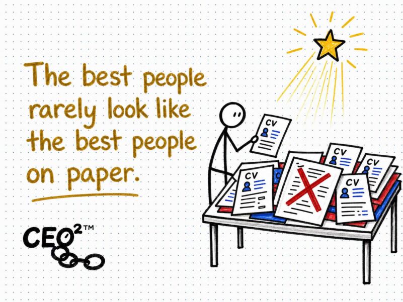 Illustration of a person selecting a CV from a pile with a star shining above.