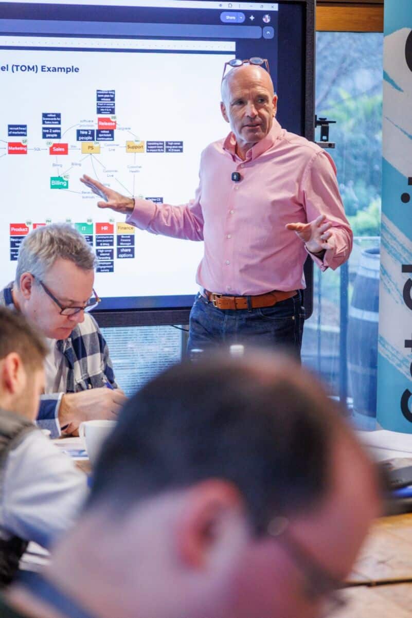 Business professional giving presentation in a conference room.
