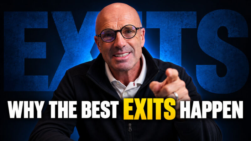 Executive speaker pointing forward with bold text Why the Best Exits Happen.